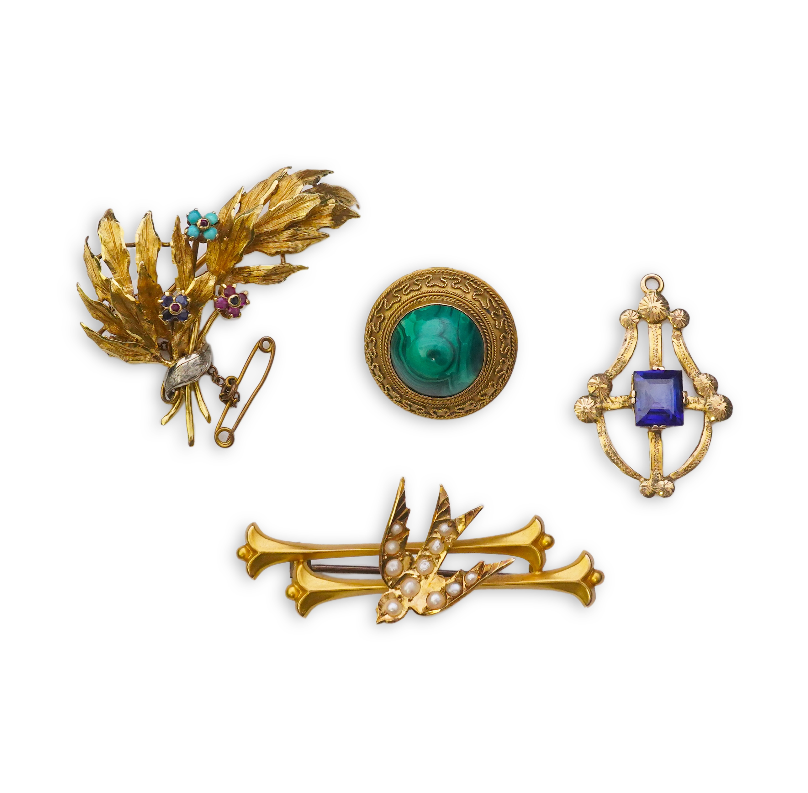 A collection of three brooches and a pendant, 19th and 20th century